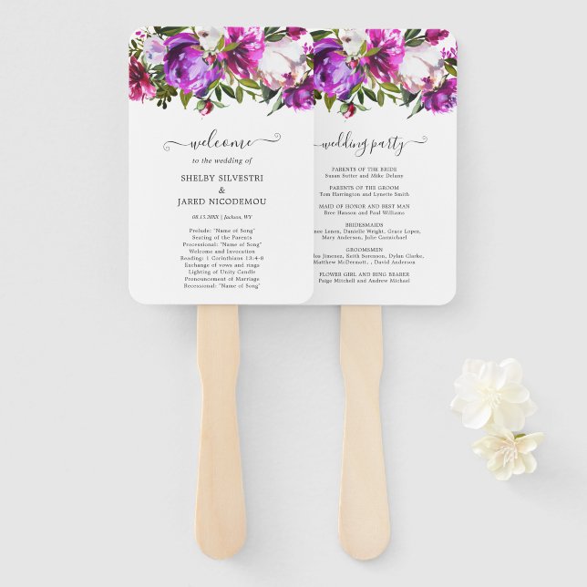 Vibrant Purple Floral Elegant Wedding Program Hand Fan (Front and Back)