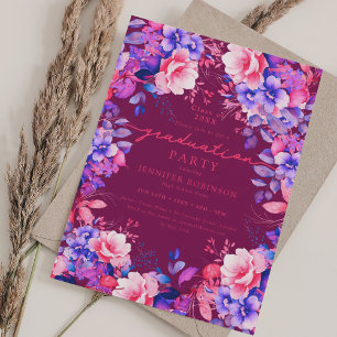 Vibrant Purple Floral Graduation Party Magenta  Invitation