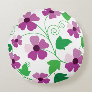Vibrant Purple Flower on Botanical Pattern Round Cushion