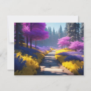 Vibrant Purple Forest Path in Sunlight Postcard