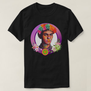 Vibrant Purple Frida Kahlo Portrait with Flowers T-Shirt