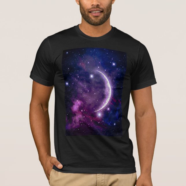 Vibrant Purple Galaxy Crescent Moon Celestial T-Shirt (Front)