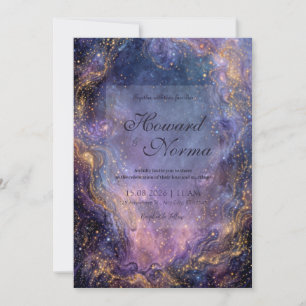 Vibrant Purple Gold Celestial Nebula Wedding Invitation