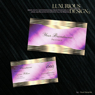 Vibrant Purple Marble Gold Borders and Logo Luxury Business Card