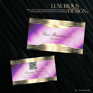Vibrant Purple Marble Gold Borders with QR Code Business Card