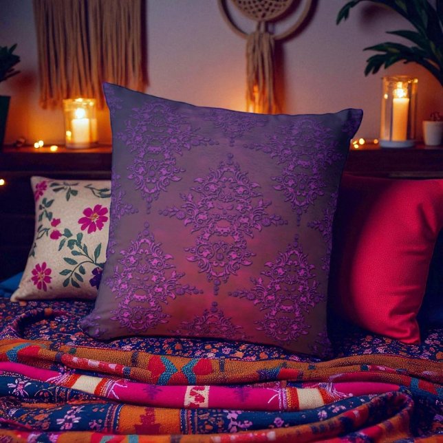Vibrant Purple Orange Damask Pattern Cushion (Creator Uploaded)