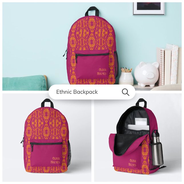 Vibrant Purple Orange Ethnic Mosaic Geometric Printed Backpack (Creator Uploaded)