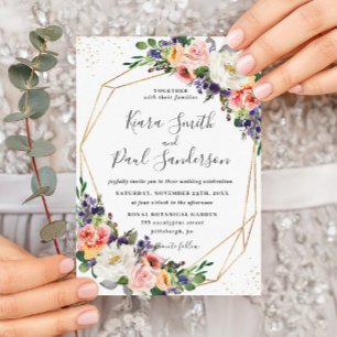 Vibrant Purple Orange Peach Blush Floral Wedding Invitation