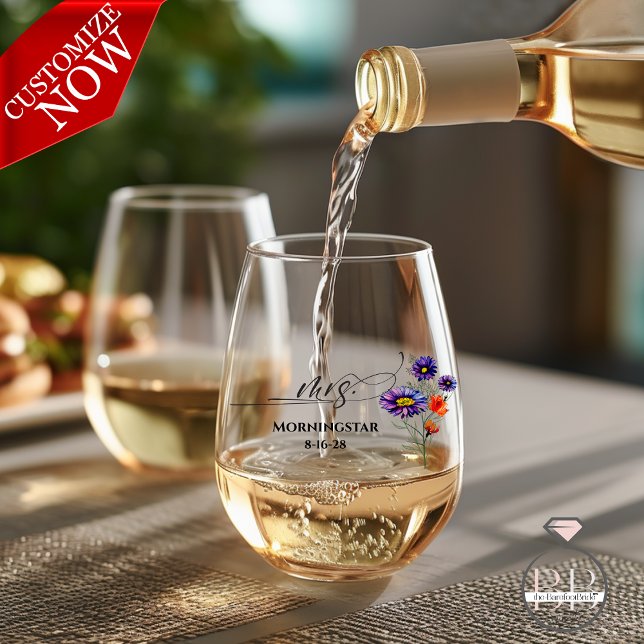 Vibrant Purple Orange Wildflowers Mrs Stemless Wine Glass (Easy to Customize)