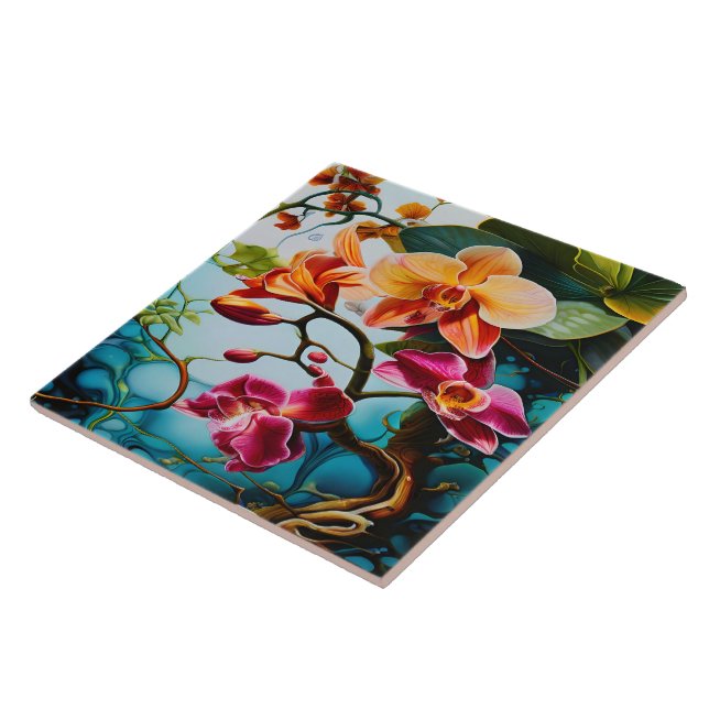 Vibrant Purple Orchids Against Colourful Backgroun Ceramic Tile (Side)