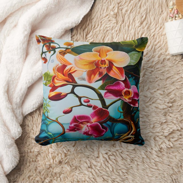 Vibrant Purple Orchids Against Colourful Backgroun Cushion (Blanket)
