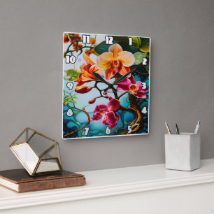 Vibrant Purple Orchids Against Colourful Backgroun Square Wall Clock