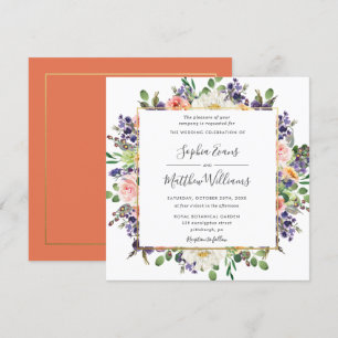 Vibrant Purple Peach Ivory Blush Floral Wedding Invitation