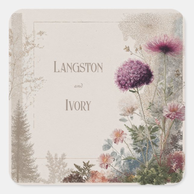 Vibrant Purple Pincushion Floral Folk Art Wedding Square Sticker (Front)