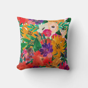 Vibrant Purple, Red, and Gold Floral Throw Pillow