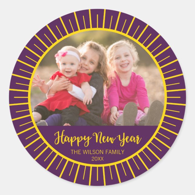 Vibrant Purple Starburst Happy New Year Photo Classic Round Sticker (Front)