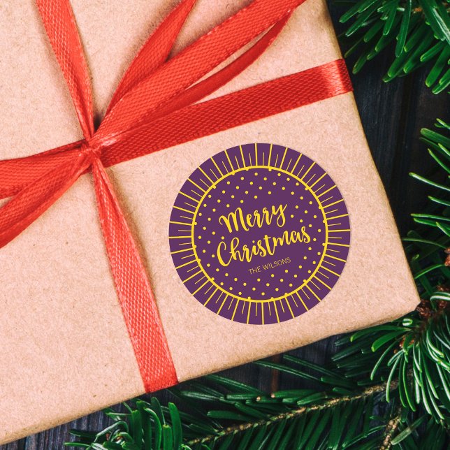 Vibrant Purple Starburst Script Merry Christmas Classic Round Sticker (Creator Uploaded)