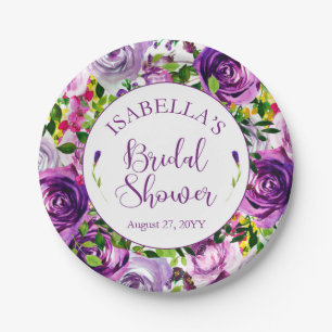 Vibrant Purple Watercolor Bouquet Bridal Shower  Paper Plate