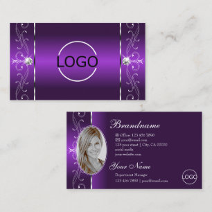 Vibrant Purple White Squiggled Jewels Logo & Photo Business Card
