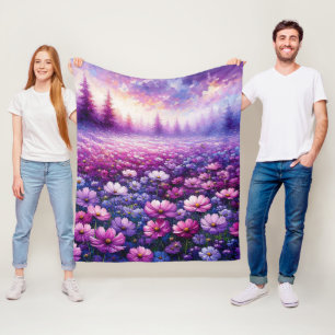 Vibrant Purple Wildflower Field Landscape Fleece Blanket