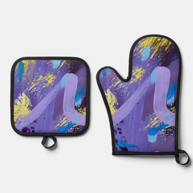 Vibrant Purple, Yellow, and Blue Abstract Art Oven Mitt & Pot Holder Set (Front)