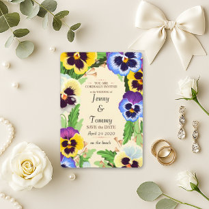 Vibrant Purple Yellow Pansy Beach Wedding Save The Date