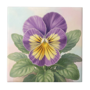 Vibrant Purple Yellow Pansy Flower Botanical Ceramic Tile