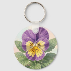 Vibrant Purple Yellow Pansy Flower Botanical Key Ring