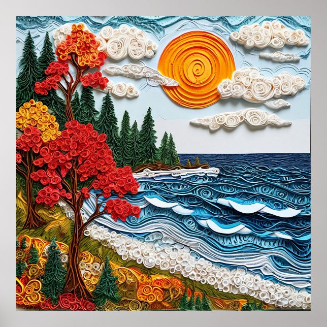 Vibrant Quilling Landscape of Beach and Trees Poster (Front)