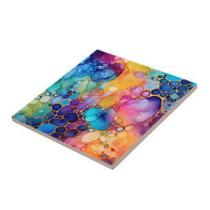 Vibrant Rainbow Alcohol Ink Ceramic Tile