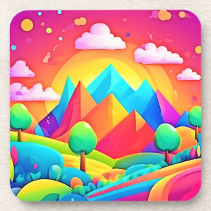 Vibrant Rainbow Cartoon Landscape Coaster