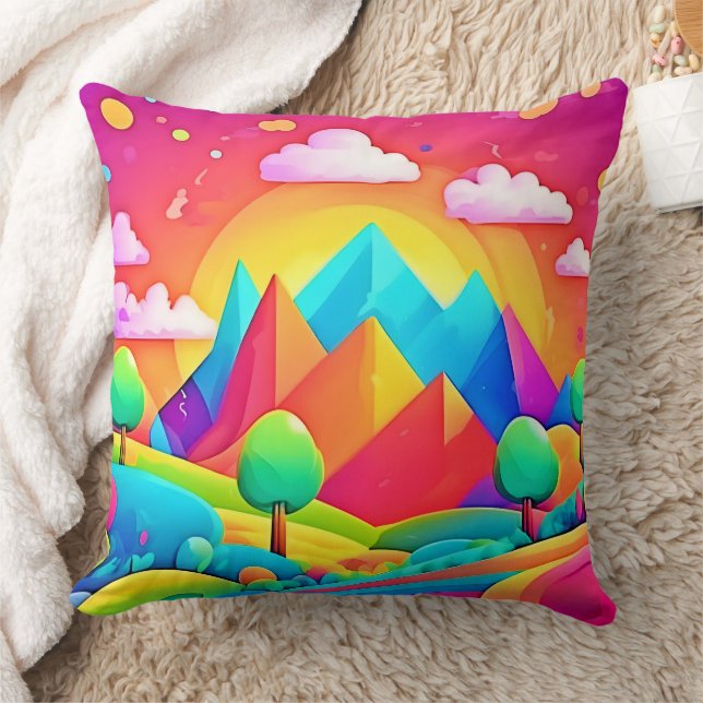 Vibrant Rainbow Cartoon Landscape Cushion (Blanket)