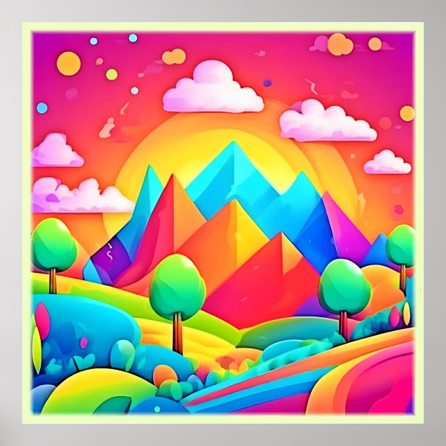 Vibrant Rainbow Cartoon Landscape Poster (Front)
