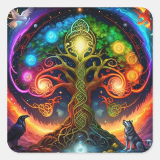 Vibrant Rainbow Celtic Tree with Wolves and Raven Square Sticker