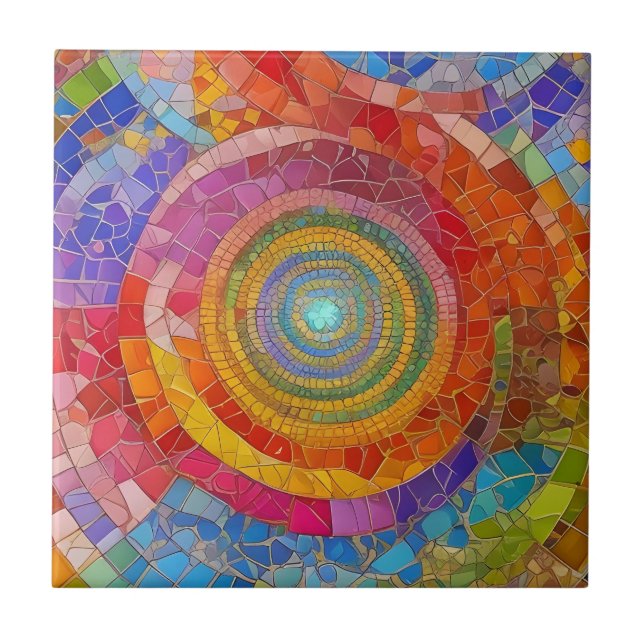 Vibrant Rainbow Circle Vortex Colourful Mosaic Art Ceramic Tile (Front)