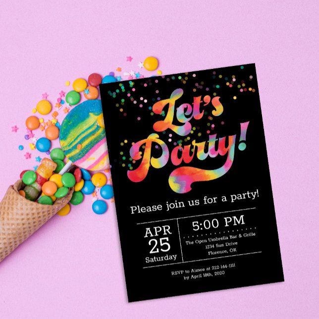 Vibrant Rainbow Confetti Let's Party! Invitation (Creator Uploaded)