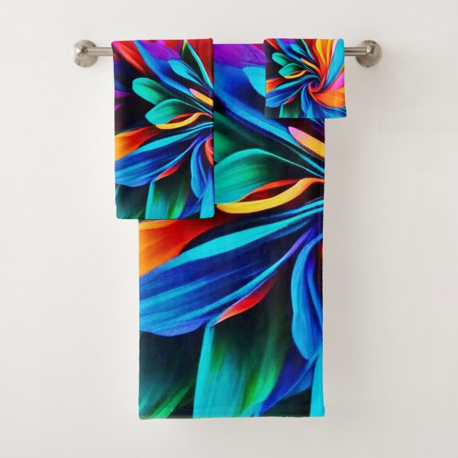 Vibrant Rainbow Flower Abstract Bath Towel Set (Insitu)