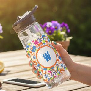 Vibrant Rainbow Folk Floral Monogram Water Bottle
