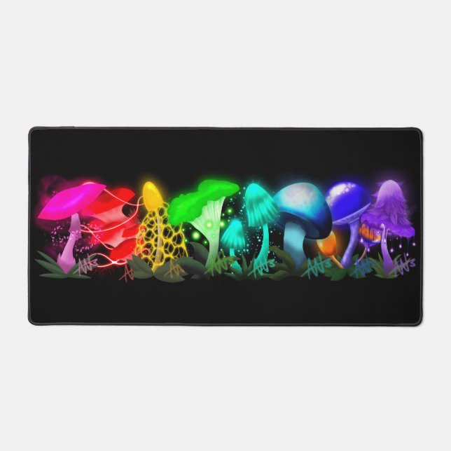 Vibrant Rainbow Glowing Mushrooms Desk Mat (Front)