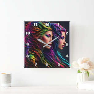 Vibrant Rainbow Hair Artistry With Dual Portraits Square Wall Clock