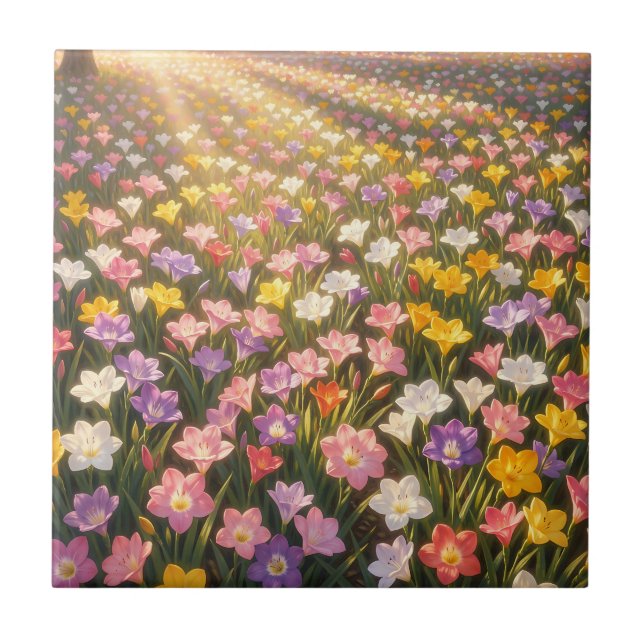 Vibrant Rainbow Lily Flower Field Ceramic Tile (Front)