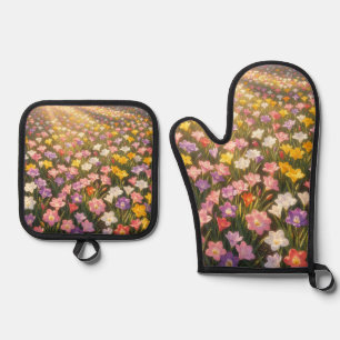 Vibrant Rainbow Lily Flower Field Oven Mitt & Pot Holder Set