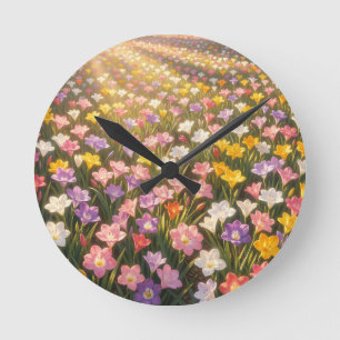 Vibrant Rainbow Lily Flower Field Round Clock