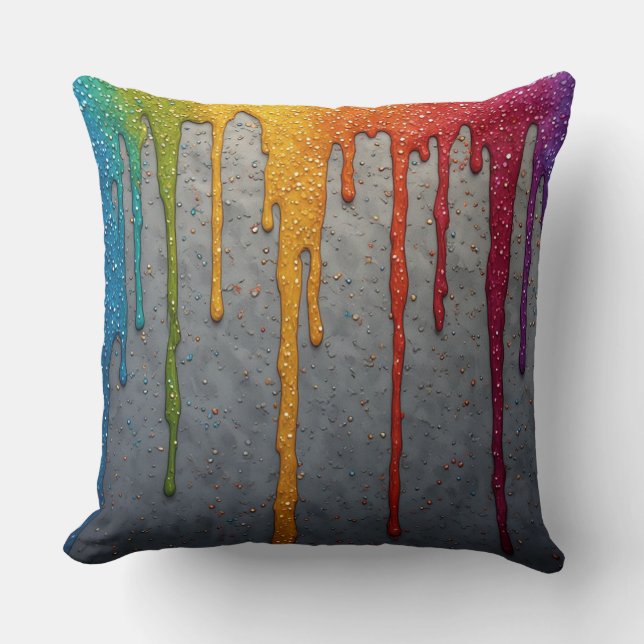 Vibrant Rainbow Paint Drips Cushion (Front)