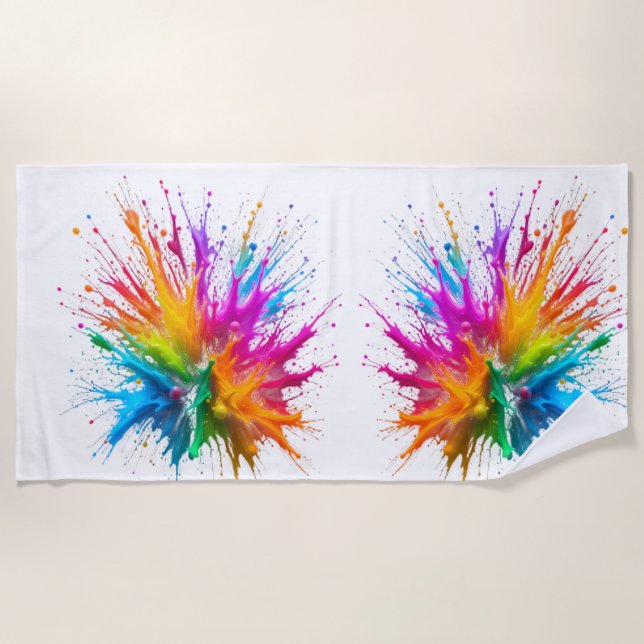 Vibrant Rainbow Paint Splatter Explosion Beach Towel (Front)