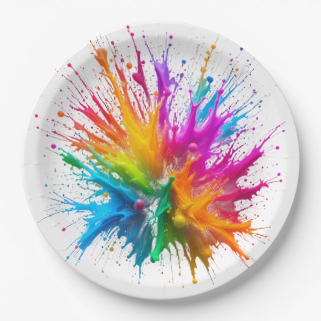 Vibrant Rainbow Paint Splatter Explosion Paper Plate (Front)