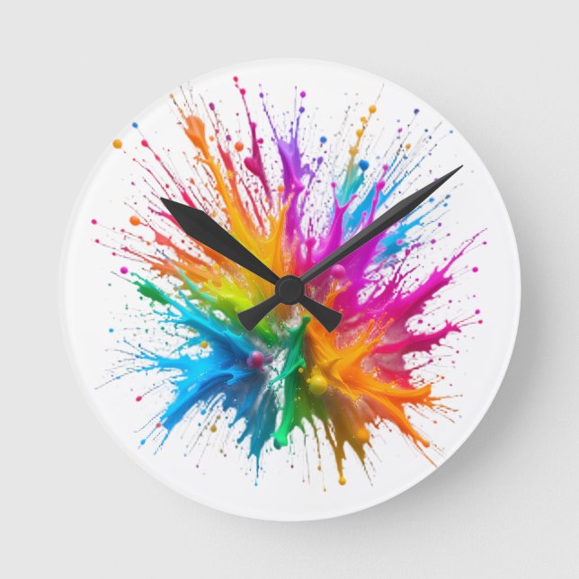 Vibrant Rainbow Paint Splatter Explosion Round Clock (Front)