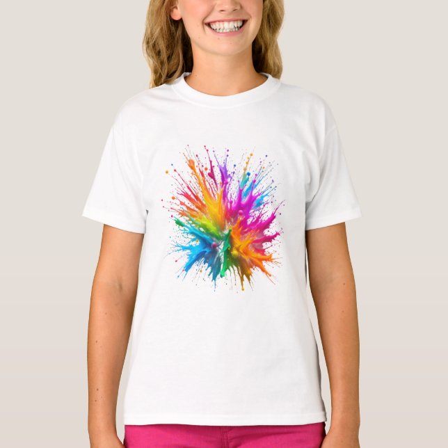 Vibrant Rainbow Paint Splatter Explosion T-Shirt (Front)