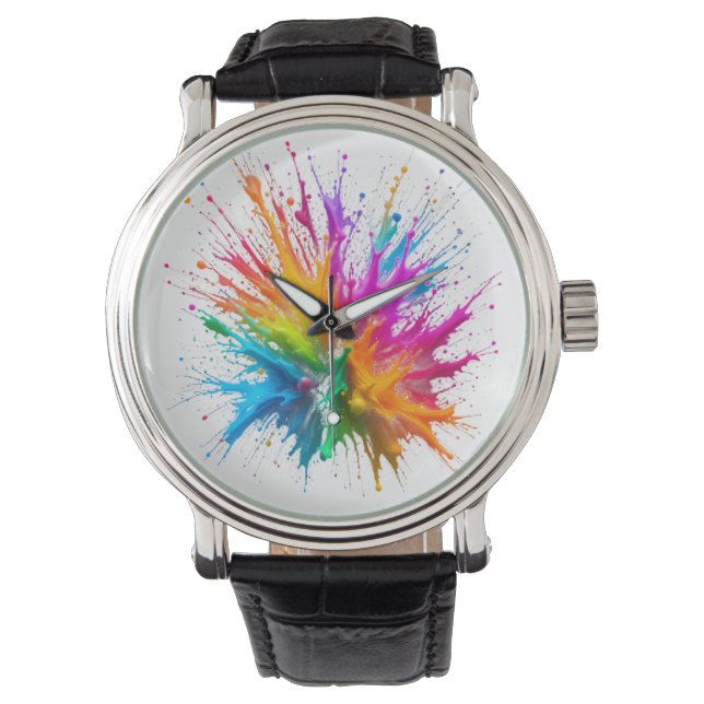 Vibrant Rainbow Paint Splatter Explosion Watch (Front)