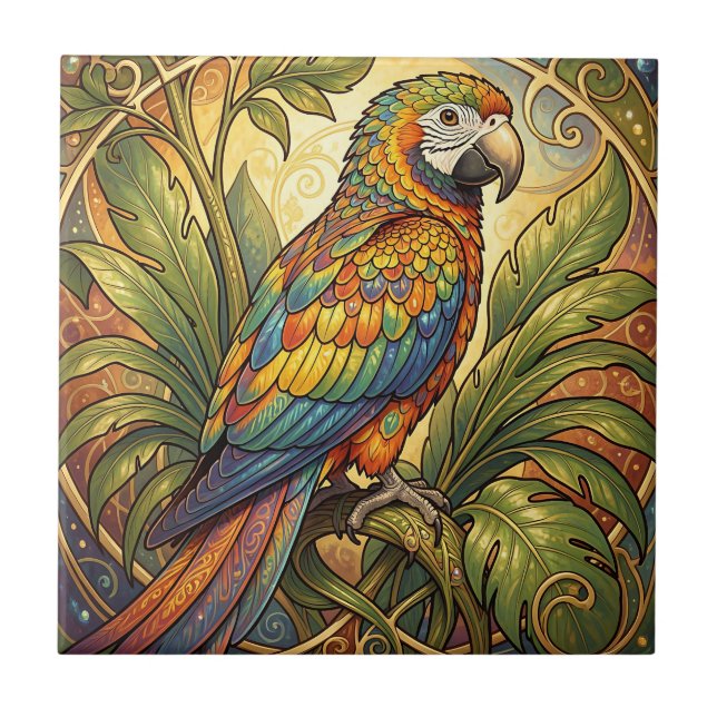 Vibrant Rainbow Parrot Art Nouveau Ceramic Tile (Front)